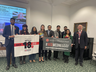 Ribqa Nevash,  Farhan Saleem with representatives of KCL, FoRB and ACN. Image: ©ACN