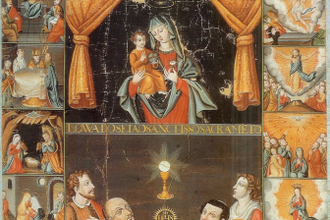 Virgin Mary with Infant Jesus and Her 15 Mysteries, with Ignatius of Loyola and Francis Xavier, by Unknown Japanese artist, 17th C (Azuchi-Momoyama period)  © Kyoto University Museum, Japan