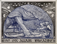 Go on Adam, Breathe, linocut by © Jack Baumbartner. 2017. Baumwerkshop 2025, a.r.r.