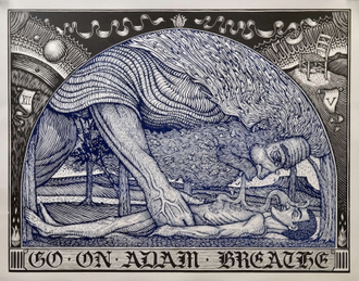 Go on Adam, Breathe, linocut by © Jack Baumbartner. 2017. Baumwerkshop 2025, a.r.r.