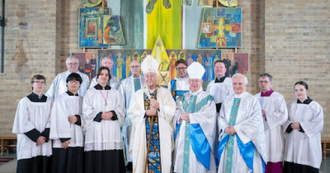 Cardinal Nichols, Bishop Moth, Mgr Paul McPartlan, university chaplains and altar servers