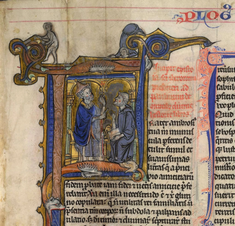 Saint Jerome presents the Bible to Pope Damasus I, Illumination from the Brantwood Bible, (British Library shelfmark BL YT 22), Historiated initial 'F'(rater) with Jerome and Pope Damasus
