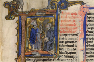 Saint Jerome presents the Bible to Pope Damasus I, Illumination from the Brantwood Bible, (British Library shelfmark BL YT 22), Historiated initial 'F'(rater) with Jerome and Pope Damasus