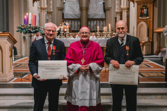 Dr John Vianney Edwards and Dr Nigel Dennis Chapman with Bishop Patrick McKinney