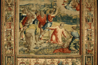 The Stoning of St Stephen,  Part of tapestry series: 'Acts of the Apostles Peter and Paul'. After cartoons by Raphael, woven in workshop of Pieter van Aelst III. © Palazzo Ducale, Mantua