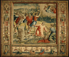 The Stoning of St Stephen, Part of tapestry series: 'Acts of the Apostles Peter and Paul'. After cartoons by Raphael, woven in workshop of Pieter van Aelst III. © Palazzo Ducale, Mantua