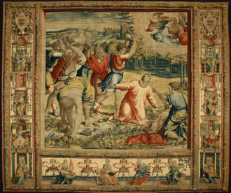 The Stoning of St Stephen,  Part of tapestry series: 'Acts of the Apostles Peter and Paul'. After cartoons by Raphael, woven in workshop of Pieter van Aelst III. © Palazzo Ducale, Mantua