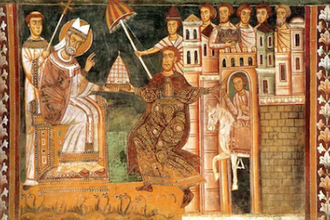 Emperor Constantine giving Rome to Pope Silvester I, 1375, Fresco, Chapel of St Sylvester, Basilica of Four Crowned Saints, Rome © Alamy