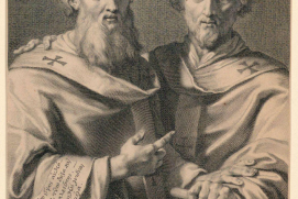Saints Basil the Great and Gregory Nazianzus,  After Jean Baptiste de Champaigne,  engraving by Gérard Edelinck  late 17thC    © Alamy
