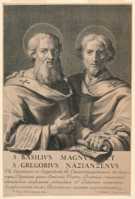 Saints Basil the Great and Gregory Nazianzus,  After Jean Baptiste de Champaigne,  engraving by Gérard Edelinck  late 17thC    © Alamy