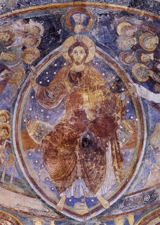 Detail from Romanesque apse wall painting, Christ in Majesty, originally in Church of San Clemente, Catalonia, Spain