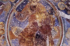 Detail from Romanesque apse wall painting, Christ in Majesty, originally in Church of San Clemente, Catalonia, Spain