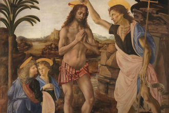 Baptism of Christ by Andrea del Verrocchio and Leonardo da Vinci, painted 1472-1475. © Uffizi Gallery, Florence