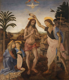 Baptism of Christ by Andrea del Verrocchio and Leonardo da Vinci, painted 1472-1475. © Uffizi Gallery, Florence