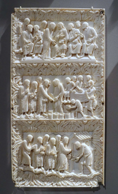 The Healing of the Leper (bottom scene)  Ivory carving from Metz, France, 9th century  © Bode Museum, Berlin