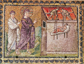 The Paralytic of Capernaum is Lowered from the Roof (from Scenes from the Life of Christ). Sant'Apollinare Nuovo, Ravenna, Italy  © Wikimedia
