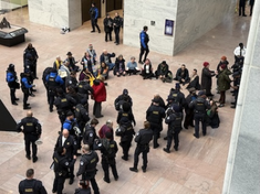 Police handcuff Marie Dennis, in red coat, in Senate Hart Building, Washington DC