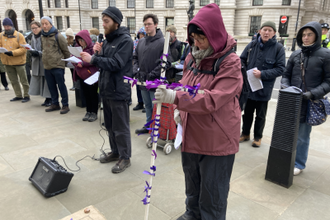 Prayers outside the Mod.  Image Ellen Teague