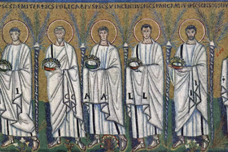 Five Early Saints.  St Polycarp (second from left). Basilica of Sant'Apollinare Nuovo, Ravenna, Italy (AD 493-526), with later Byzantine modifications.  ©Christian Art