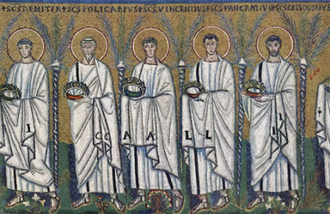 Five Early Saints.  St Polycarp (second from left). Basilica of Sant'Apollinare Nuovo, Ravenna, Italy (AD 493-526), with later Byzantine modifications.  ©Christian Art