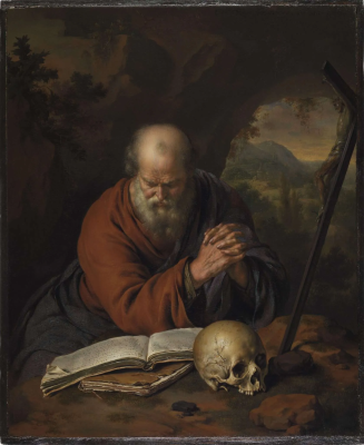 Hermit Praying in the Wilderness, by Willem van Mieris,  1707. Oil on panel  © The Leiden Collection