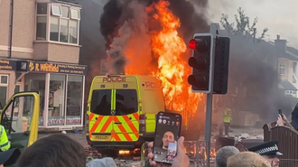 Van on fire during 2024 Southport Riots 30 July 2024 Wiki Image StreetMic LiveStream
