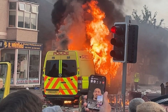 Van on fire during 2024 Southport Riots 30 July 2024 Wiki Image StreetMic LiveStream