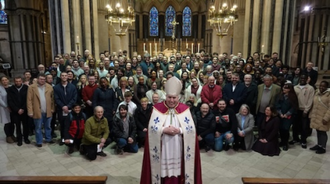 Bishop Peter Collins with 2026 Rite of Election group in Cathedral of St John the Baptist, Norwich