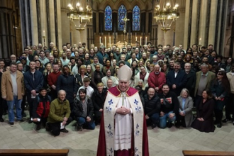 Bishop Peter Collins with 2026 Rite of Election group in Cathedral of St John the Baptist, Norwich
