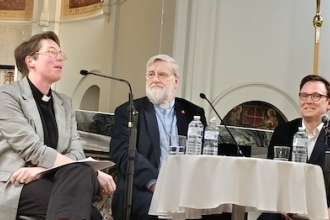 l-r: Rev Erin Clark, Fr David O'Malley and Christopher Lamb during the discussion