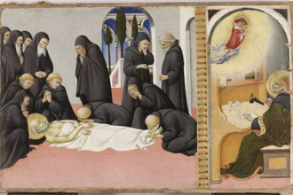 Death of Saint Jerome in the Presence of His Disciples and His Appearance to Bishop Saint Cyril of Jerusalem, by Sano di Pietro  © Louvre, Paris