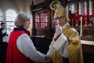 Archbishop Sarah Mullally greets Archbishop Richard Moth