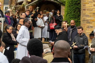Prayers at St Thomas More's before the procession. Image:  Corine Dhondee