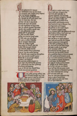 The Last Supper: Jesus handing Judas a morsel of Bread (left illustration) and Jesus washing feet of the Disciples (illustration on right),  Unknown, Br Philipp,1400-1410  © The John Paul Getty Museum, Los Angeles
