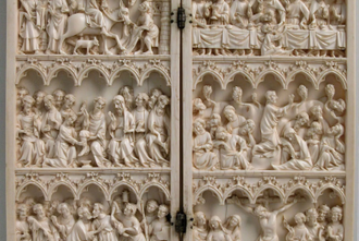 Diptych with Scenes from Christ's Passion, top left to bottom right: entry into Jerusalem, the Last Supper; Christ washing his disciples' feet, Agony in the Garden; Betrayal of Christ the Crucifixion, French, 1350-75, © Alamy