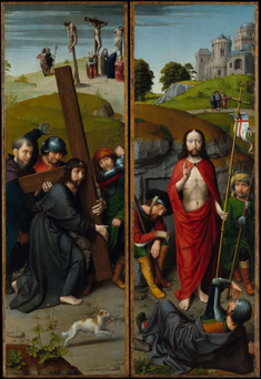 Christ Carrying the Cross, with the Crucifixion; The Resurrection, with the Pilgrims of Emmaus,  by Gerard David,  1510 © Metropolitan Museum of Art, New York