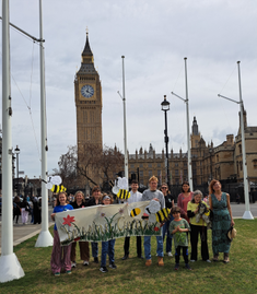Campaigners with their beautiful handmade banner and giant bees outside Parliament
