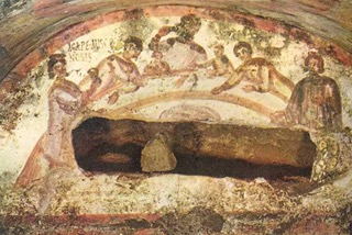 Agape feast - Fresco in Catacomb of Saints Marcellinus and Peter, Rome. Public Domain