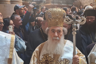 H B Patriarch Theophilus III of Jerusalem and of all Palestine during the Holy Light ceremony, 11 April, Church of the Holy Sepulchre, Jerusalem. Photo: Jerusalem-Patriarchate