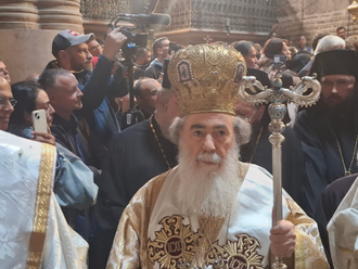 H B Patriarch Theophilus III of Jerusalem and of all Palestine during the Holy Light ceremony, 11 April, Church of the Holy Sepulchre, Jerusalem. Photo: Jerusalem-Patriarchate