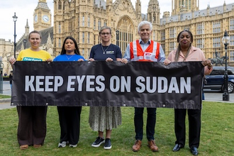Christine Allen, direstor of CAFOD in centre with members of  the #KeepEyesOnSudan coalition