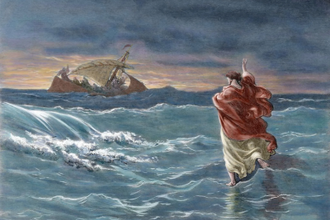 Jesus Walks on Water, by Gustave Doré . Engraved 1866-1870. Hand-coloured print  © Alamy