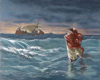 Jesus Walks on Water, by Gustave Doré . Engraved 1866-1870. Hand-coloured print  © Alamy
