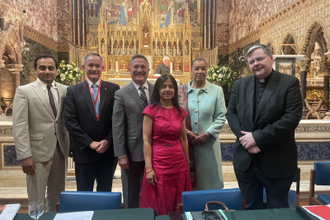 Panellists L-R: Farhan Saleem, John Pontifex, Dr Brian Grim, Karen Singarayer, Baroness Patricia Scotland and Fr Dominic Robinson (© ACN)
