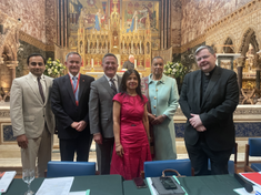 Panellists L-R: Farhan Saleem, John Pontifex, Dr Brian Grim, Karen Singarayer, Baroness Patricia Scotland and Fr Dominic Robinson (© ACN)