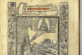 Saint Catherine of Siena, first page. Here begynneth the orcharde of Syon, in the whiche is conteyned the Revelacyons of Seynt Katheryne of Sene, with ghostly fruytes and precyous plants for the helthe of mannes soule. Publisher Wynkyn de Wo