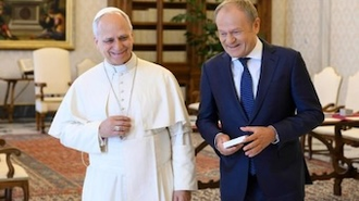 Pope Leo XIV with Polish Prime Minister Donald Tusk at the Vatican this morning