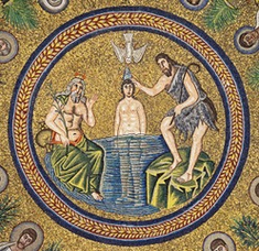 Baptism of Christ. Mosaic in Arian Baptistry. Ravenna, Italy