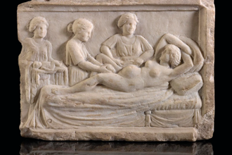 Carved marble plaque depicting a birthing scene,  Excavated in Ostia, Italy,  400 - 300 BC.  © Welcome Collection, London