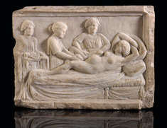Carved marble plaque depicting a birthing scene,  Excavated in Ostia, Italy,  400 - 300 BC.  © Welcome Collection, London
